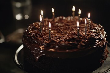 Chocolate cake candleslit celebration dark background dessert