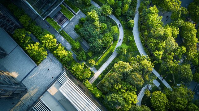 Aerial View of Urban Greenery: Lush Parks Integrated into Modern Cityscape