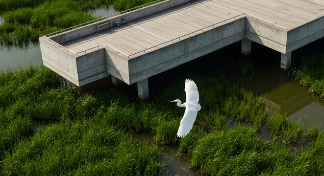 Majestic Egret Soaring Over an Urban Oasis with Modern Observation Deck