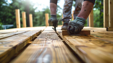 A carpenter building a wooden deck, construction site. stock image, hd quality, natural look, blog post.