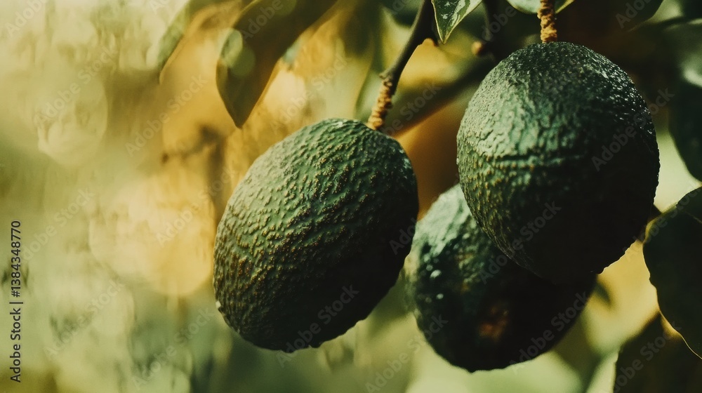 Poster ripened avocados hang from a tree branch in a lush orchard, showcasing their deep green skin and ric