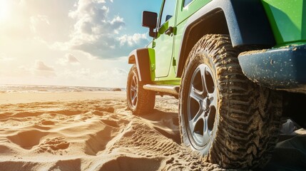 Close-up of rugged wheel of green off-road vehicle driving across sandy beach terrain under natural sunlight, showcasing adventure, mobility, travel freedom, and outdoor exploration concept