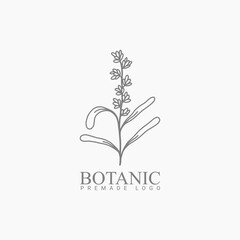Vector floral hand drawn logo template in elegant and minimal style with black color on grey background illustration. For badges, labels, logotypes and branding business identity.