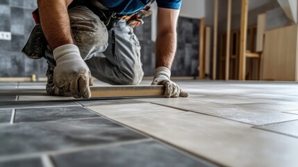 Worker measuring tile placement