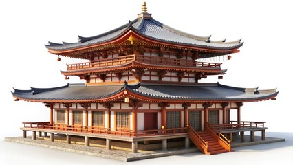 Naklejka premium Minimalist 3D Render: Japanese Temple Architecture, Zen Garden, Sacred Space, Asian Temple Design