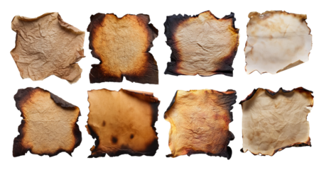 Antique Aged Burned Paper Backgrounds for Vintage Projects, PNG bundle collection, Isolated on Transparent Background