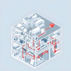 Detailed isometric illustration of building systems with complex mechanical layouts