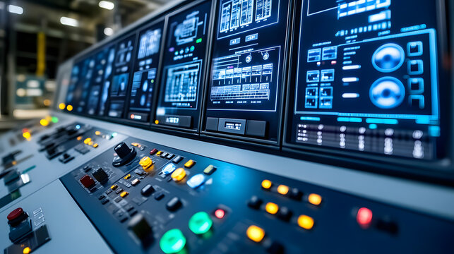 Close-up of a futuristic control panel with multiple screens displaying complex data and numerous buttons and knobs.  The blue-lit interface suggests advanced technology and monitoring systems.