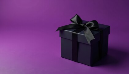 Obraz premium Black gift box with elegant black ribbon on deep purple background, Deep Purple Background, Black Decorations