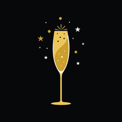 New Year's Champagne Glass in Gold on Black with Glitter – Festive Celebration Vector