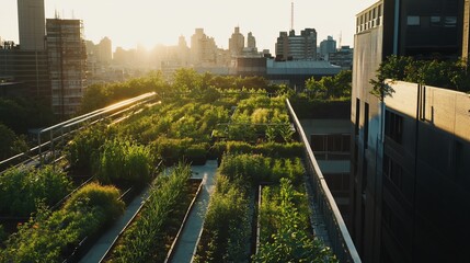 Urban Rooftop Garden at Sunset: A City Oasis