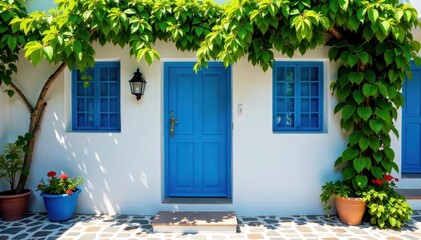 Fototapeta premium Blue door of Greek island cottage surrounded by lush greenery in a cobblestone alley, cobbled streets, garden