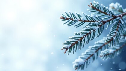 Obraz premium Blue fir branches adorned with delicate frost and snowflakes, set against a soft white background, frost, outdoors