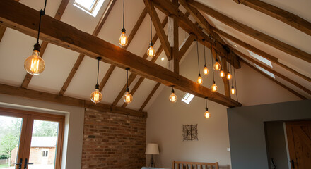 Converted Barn Living Space with Exposed Beam Ceiling and Edison Bulbs
