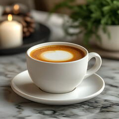 A mockup of a branded coffee cup and saucer, displayed on a marble surface with a modern setting