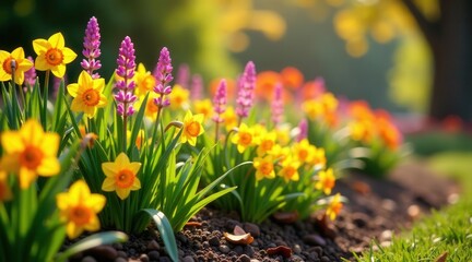 Obraz premium Vibrant Springtime Garden Bloom Featuring Daffodils and Lupines Basking in Golden Sunlight