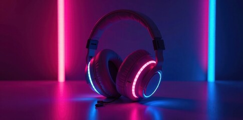Bright neon glow emanates from sleek headphones, music, electro house