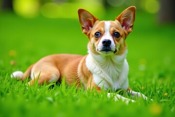 Brown and white small dog resting its back on lush green grass, mix, grass