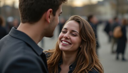 Naklejka premium Romantic Couple Smiling and Looking into Each Other's Eyes in Busy Urban Setting