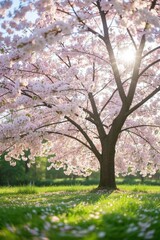 Obraz premium a close up of a tree with pink flowers in a field