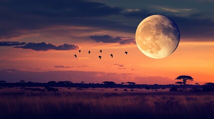 Serengeti Sunset: Lunar Majesty Over the African Savanna