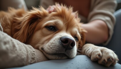 Golden dog relaxing peacefully indoors with gentle hands petting its soft fur