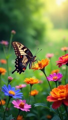 Obraz premium Butterfly surrounded by colorful blooms in a lush meadow, butterfly, bloom