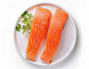 Two Fresh Raw Salmon Fillets on a Plate Garnished with Parsley A Delicious and Healthy Meal...