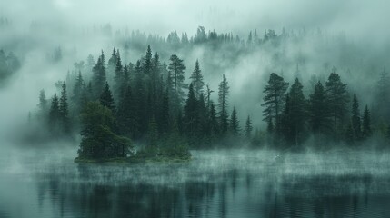 Misty forest lake, tranquil, morning scene, nature