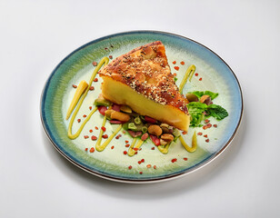 Delicious Piece of Baked Potato Cake Served on Artistic Plate with Nuts and Greens