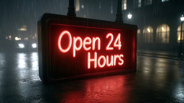 Open 24 hours neon sign glowing in rain, illuminating bustling city street