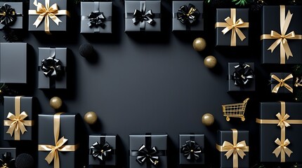 Luxury black gift wrapping and golden holiday decorations in a minimalist modern layout, ideal for premium branding, online shopping, or elegant seasonal celebrations

