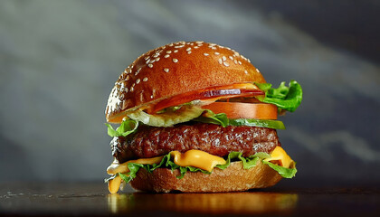 Juicy Cheeseburger with Sesame Seed Bun and Fresh Vegetables A Delicious Fast Food Meal