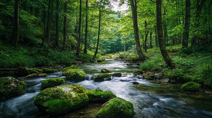 Obraz premium Serene Forest River: A Tranquil Escape into Nature's Embrace