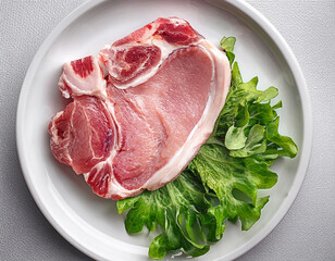 Raw Pork Chop on a Plate with Fresh Lettuce Healthy Meal Prep Ingredient