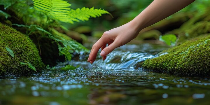 Human hand interacting with a tranquil forest stream, soft touching the calm waters of a river, surrounded by the vibrant green moss and foliage 