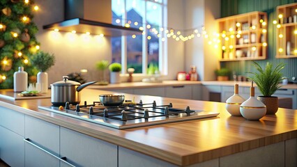 Modern Kitchen Design: 3D Rendered Gas Stove & Sink Countertop with Stunning Bokeh Effect