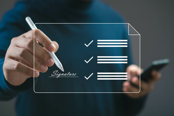A person is signing a document digitally, showcasing the modern approach to paperwork with a...