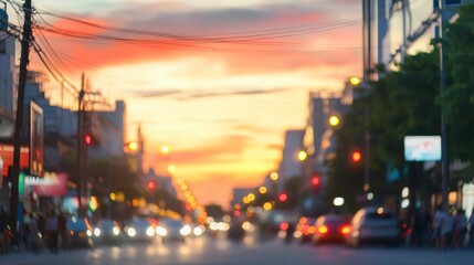 Fototapeta premium City Sunset: A vibrant city street at sunset, with the warm colors of the sky reflected in the glass of modern buildings and the movement of passing vehicles. A perfect urban scene.