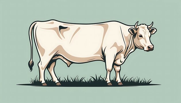 Isolated White Cow Standing on Grass Illustration for Farm or Agriculture