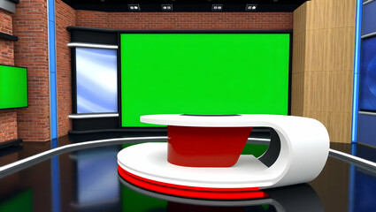 Modern News Studio with Green Screen, Brick Wall, and Sleek Desk