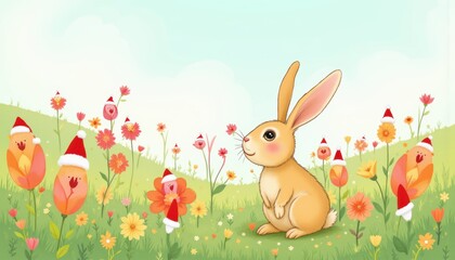 Cute Cartoon Rabbit in Spring Meadow Surrounded by Colorful Flowers and Cheerful Characters