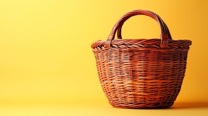 Rustic Wicker Basket on Yellow Background