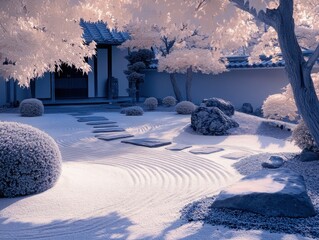 Zen garden with glowing sand patterns and serene composition
