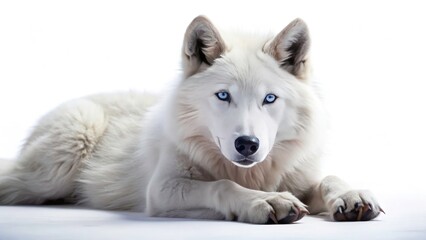 Fototapeta premium Mystical Cute White Wolf Spirit Animal Drone Photography - Blue Eyes, Lying Down