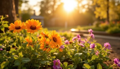 Fototapeta premium Vibrant Orange Flowers Among Green Plants in Sunlit Garden During Bright Summer Day