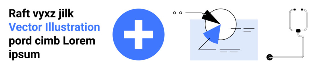 Blue medical cross, geometric chart elements, and stethoscope visualizing health, diagnostics, data, care, analytics, innovation support. Ideal for healthcare-related content or a simple landing