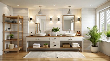 Panoramic Luxury Bathroom Wedding Prep: Double Sink, Decor, Towels, Mirrors, 3D Render
