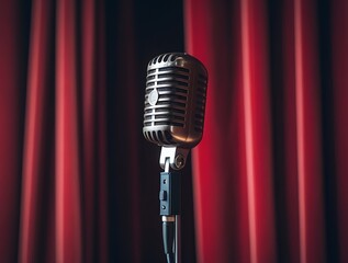 Vintage microphone standing in front of dramatic red stage curtains, symbolizing performance, music, retro broadcasting, public speaking, and classic entertainment atmosphere.