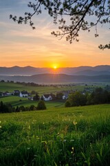 Naklejka premium a view of a field with a sunset in the distance